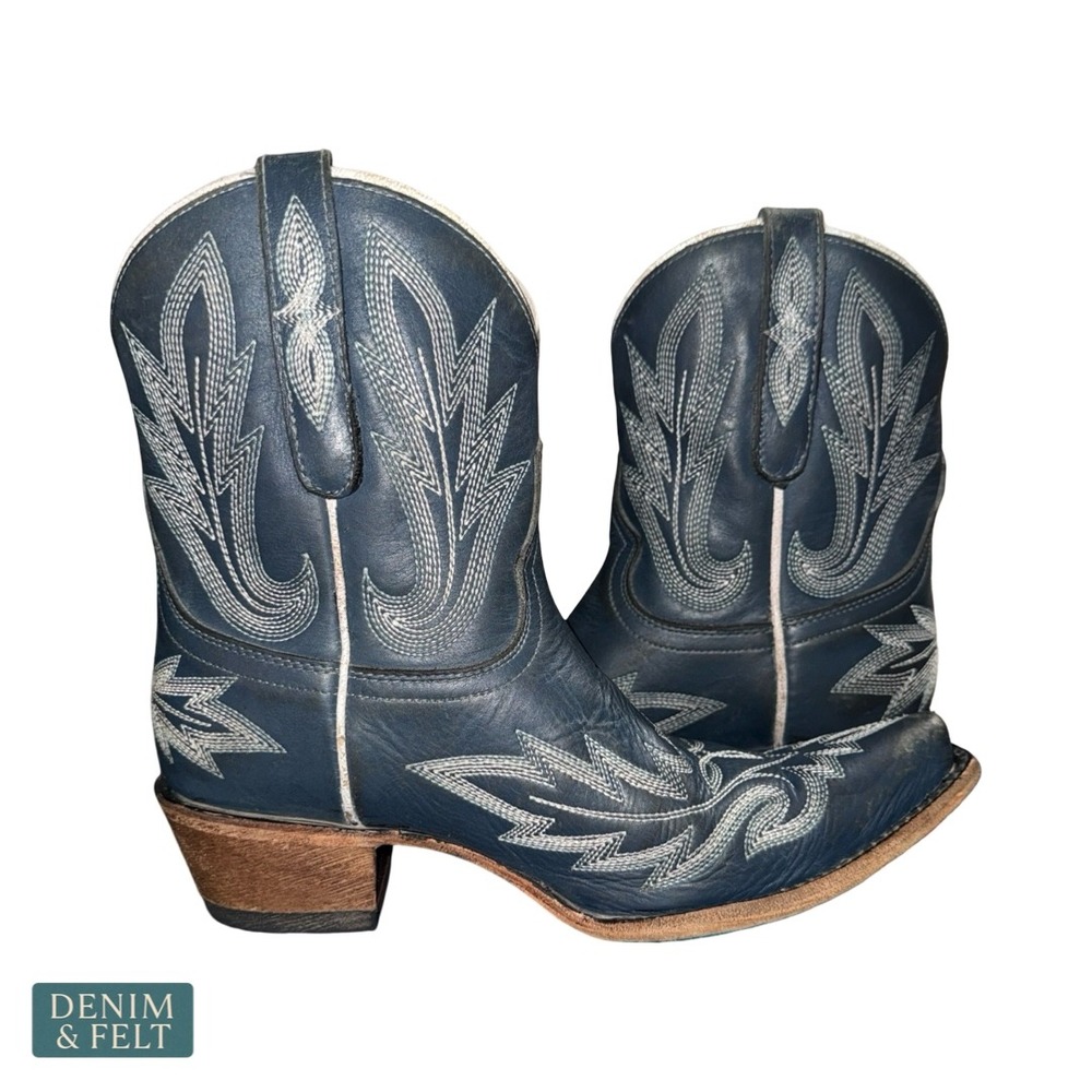 Lane Midnight‎ Blue Distressed Western Booties Snip Toe Embroidered Leather 7.5B - Picture 7 of 12